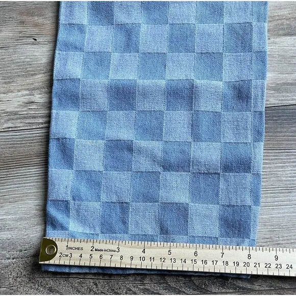 Oak   Fork Checkered Blue Denim High Waist Wide Leg Mom Jean Size PS Medium Wash