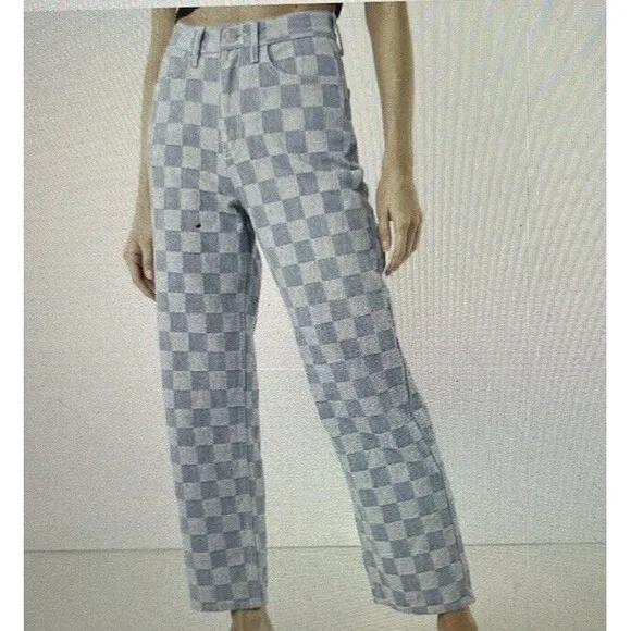Oak   Fork Checkered Blue Denim High Waist Wide Leg Mom Jean Size PS Medium Wash
