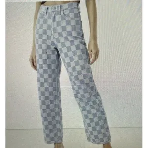 Oak   Fork Checkered Blue Denim High Waist Wide Leg Mom Jean Size PS Medium Wash