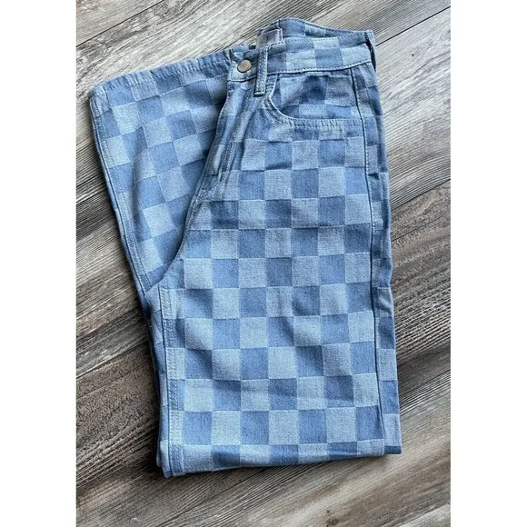 Oak   Fork Checkered Blue Denim High Waist Wide Leg Mom Jean Size PS Medium Wash