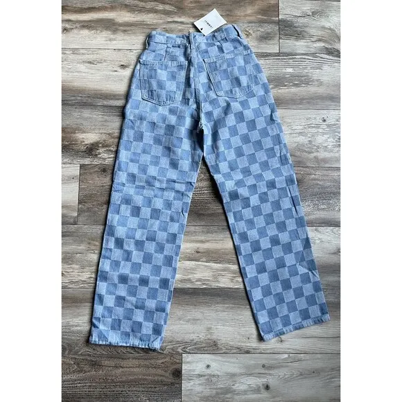 Oak   Fork Checkered Blue Denim High Waist Wide Leg Mom Jean Size PS Medium Wash