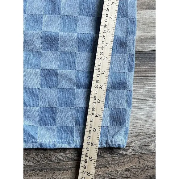 Oak   Fork Checkered Blue Denim High Waist Wide Leg Mom Jean Size PS Medium Wash