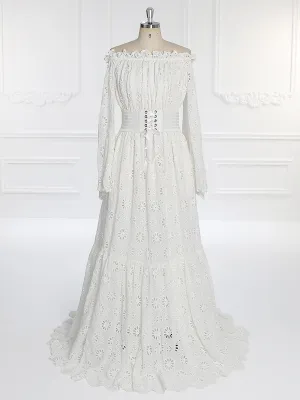 Off Shoulder Long Bell Sleeves Bohemian Wedding Dress Photo Shoot Dress YW231094