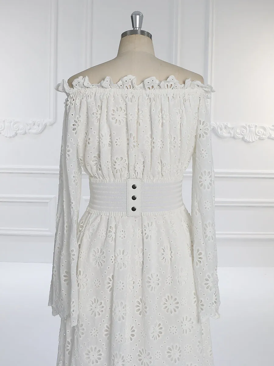 Off Shoulder Long Bell Sleeves Bohemian Wedding Dress Photo Shoot Dress YW231094