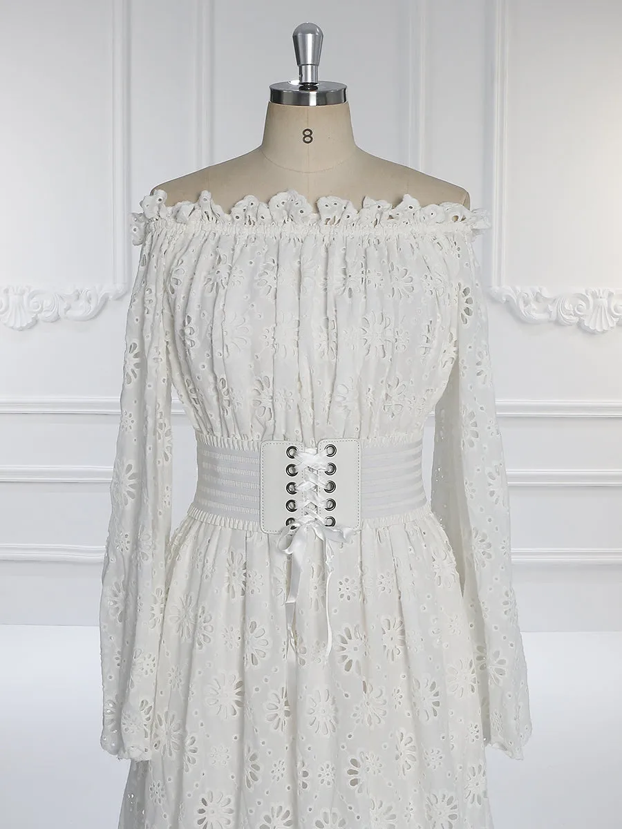 Off Shoulder Long Bell Sleeves Bohemian Wedding Dress Photo Shoot Dress YW231094