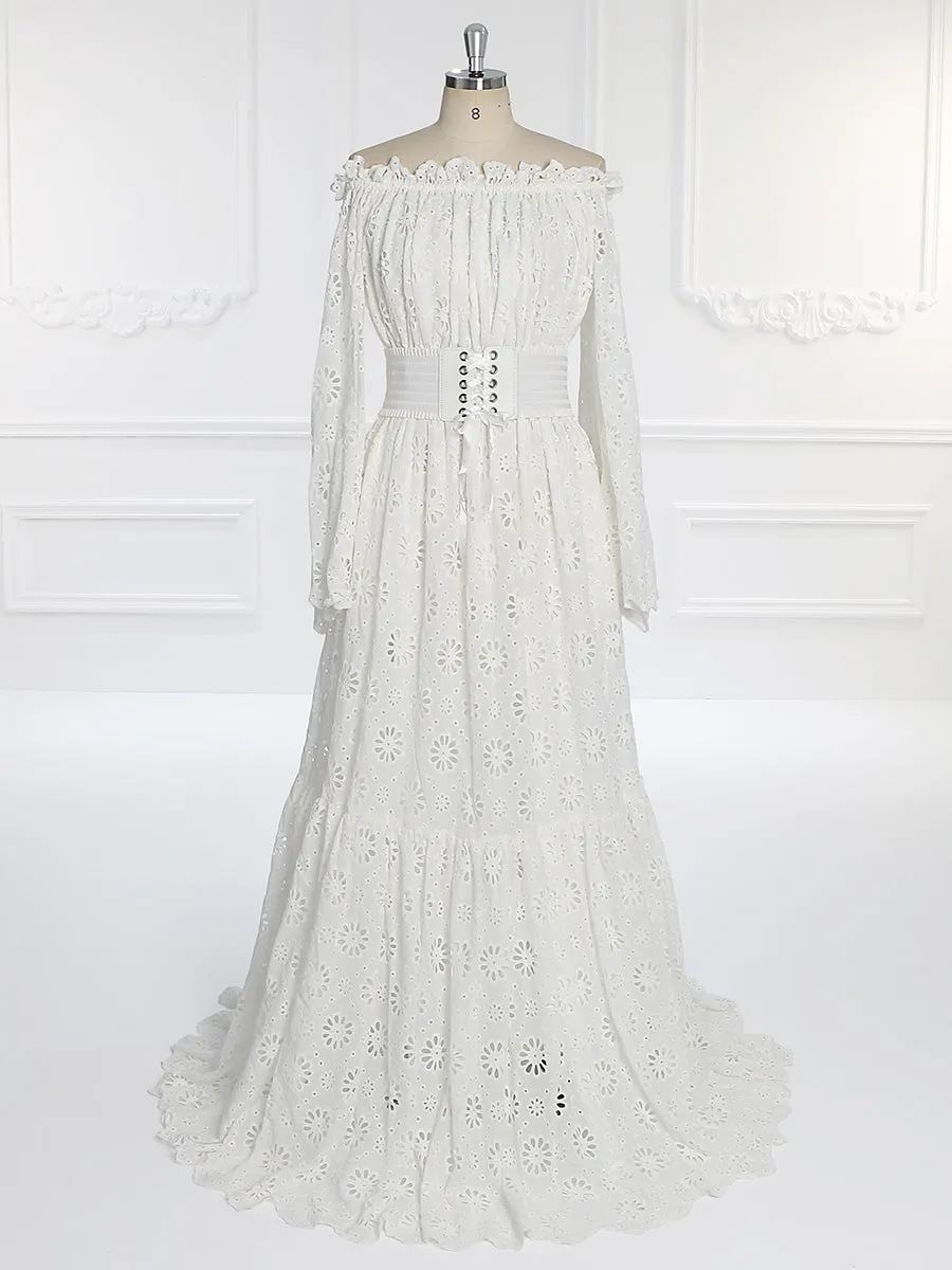 Off Shoulder Long Bell Sleeves Bohemian Wedding Dress Photo Shoot Dress YW231094