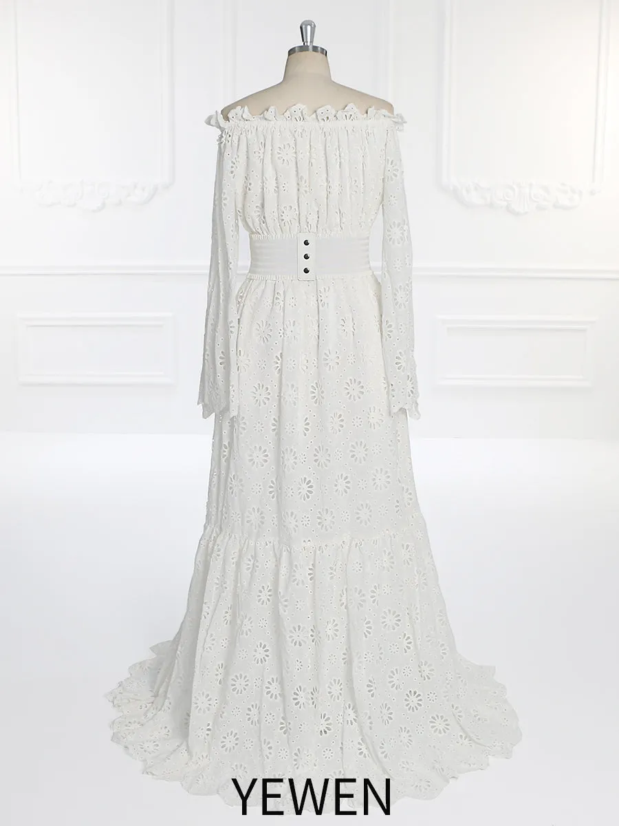 Off Shoulder Long Bell Sleeves Bohemian Wedding Dress Photo Shoot Dress YW231094