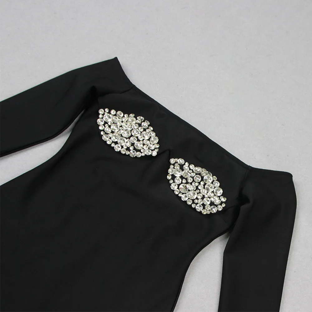 Off Shoulder Long Sleeve Rhinestone Mini Bandage Dress HL9400