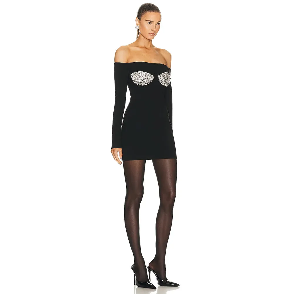 Off Shoulder Long Sleeve Rhinestone Mini Bandage Dress HL9400