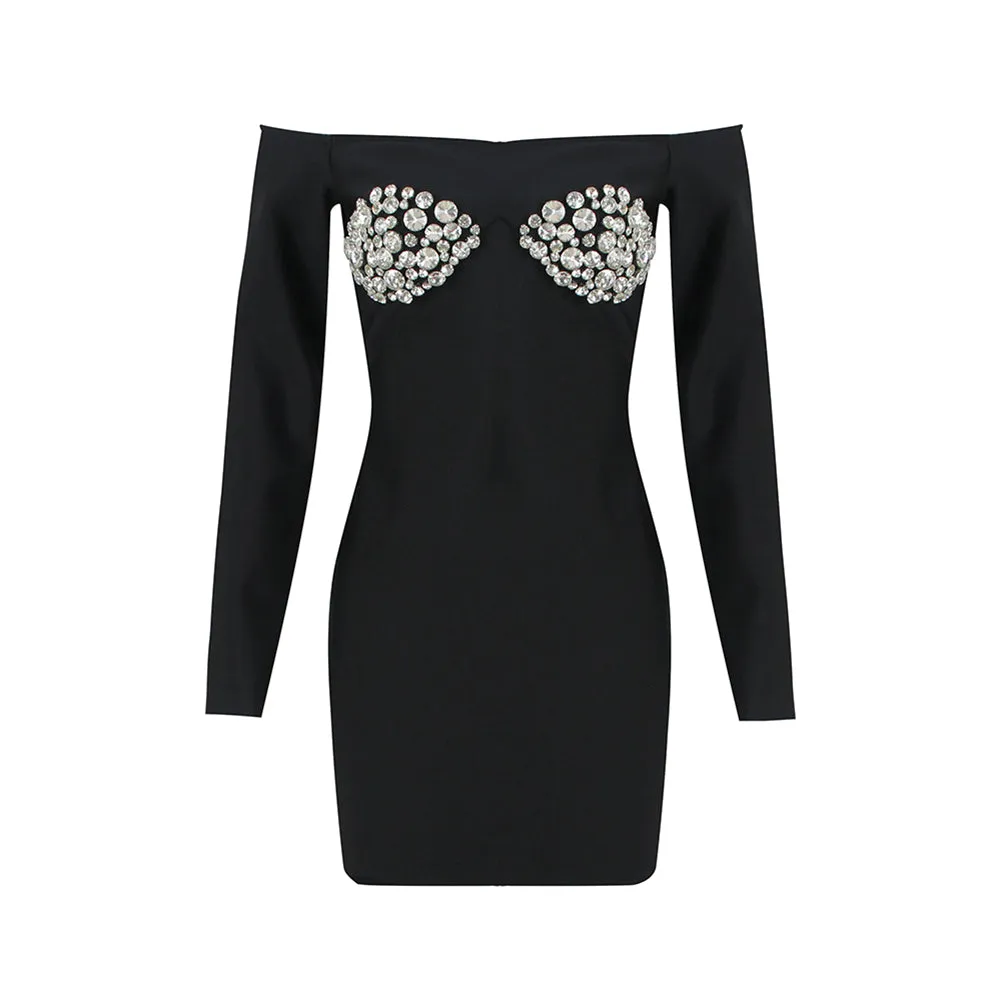 Off Shoulder Long Sleeve Rhinestone Mini Bandage Dress HL9400