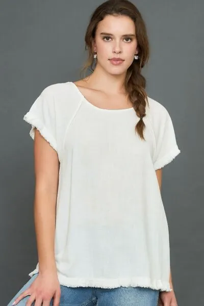 Off White Seam Detail Linen Ruffle Fringe Edge Top