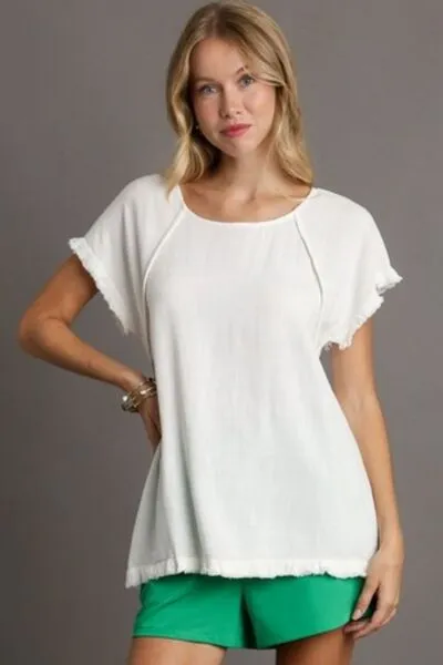 Off White Seam Detail Linen Ruffle Fringe Edge Top