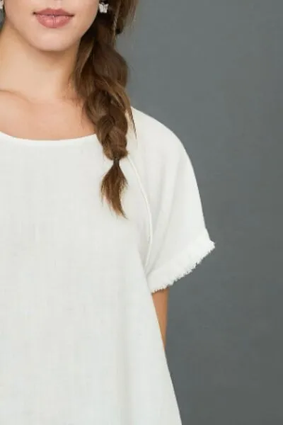 Off White Seam Detail Linen Ruffle Fringe Edge Top