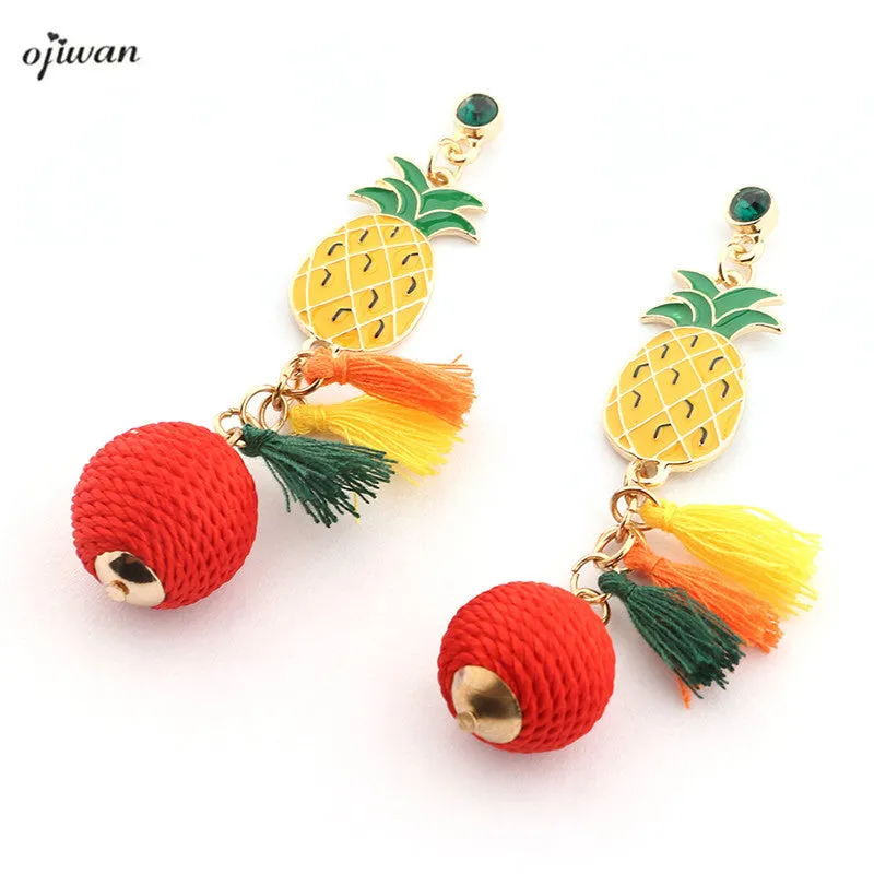 Ojiwan Boho Pineapple Earrings Hippie Tassel Earrings With Stud Cowgirl Summer earrings aritos Red Ball Thread Wrapped Earrings