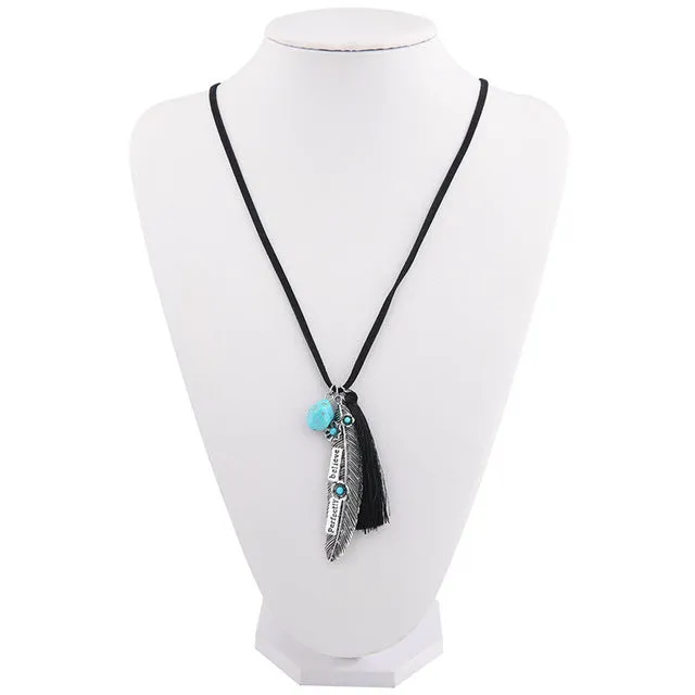 Ojiwan Long Tassel Necklace Collier Plumes Boho Feather Necklace Hippie Collier Pompon Cowgirl Indian Native American Jewelry