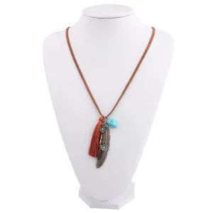 Ojiwan Long Tassel Necklace Collier Plumes Boho Feather Necklace Hippie Collier Pompon Cowgirl Indian Native American Jewelry