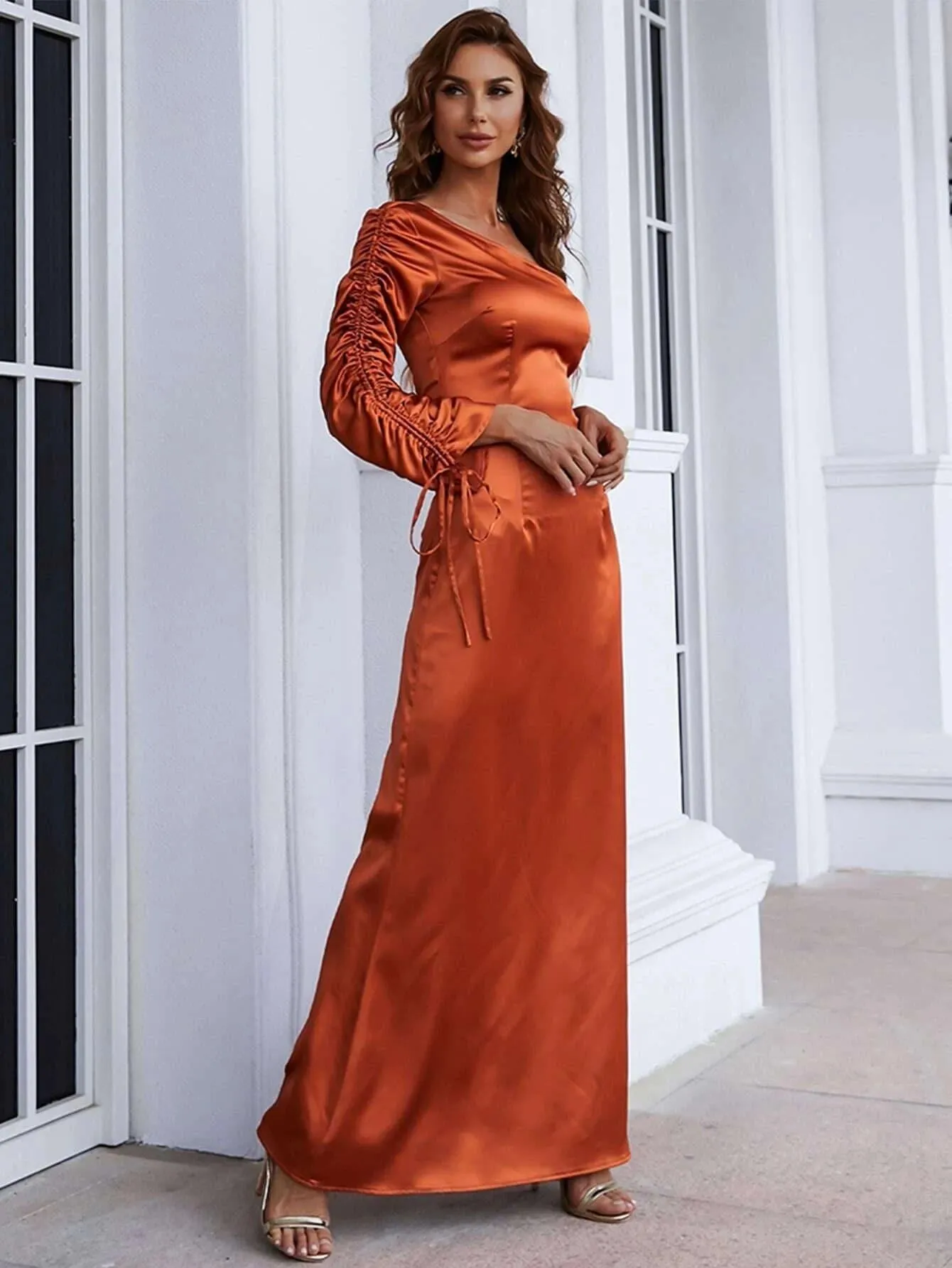 One Shoulder Drawstring Satin Dress M01787