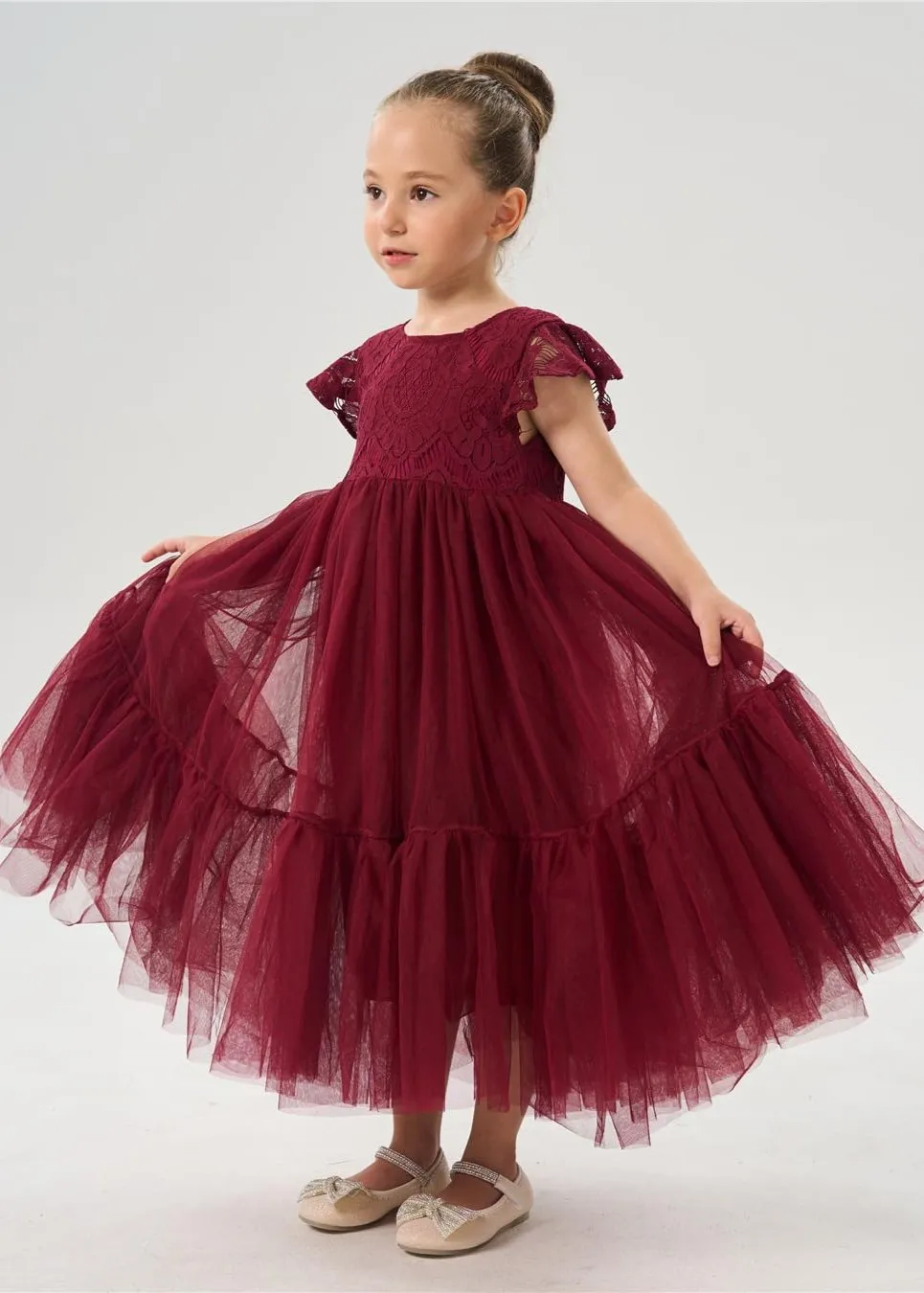 Orchid Lace Vintage Bohemian Girl Dress in Burgundy
