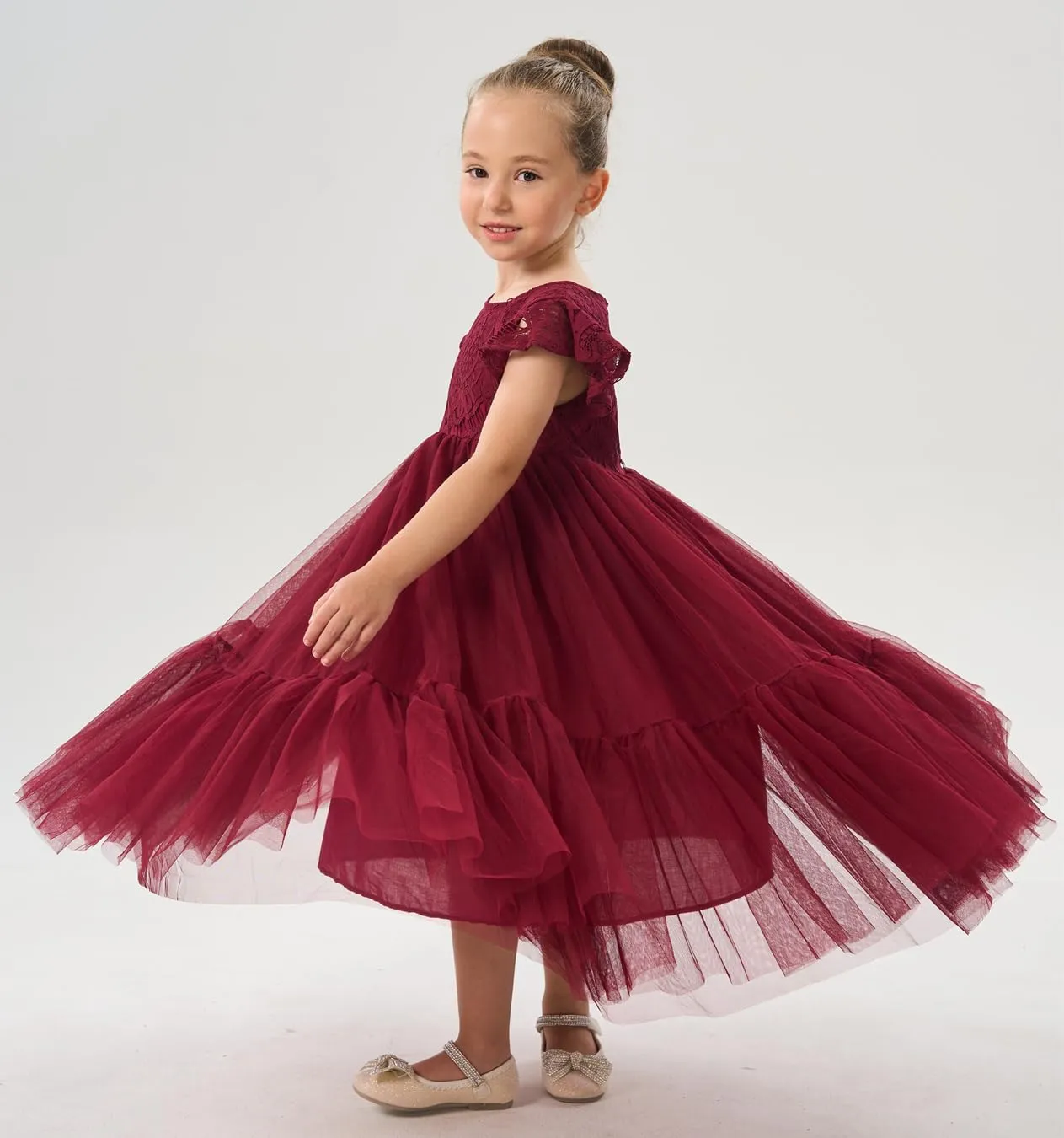 Orchid Lace Vintage Bohemian Girl Dress in Burgundy