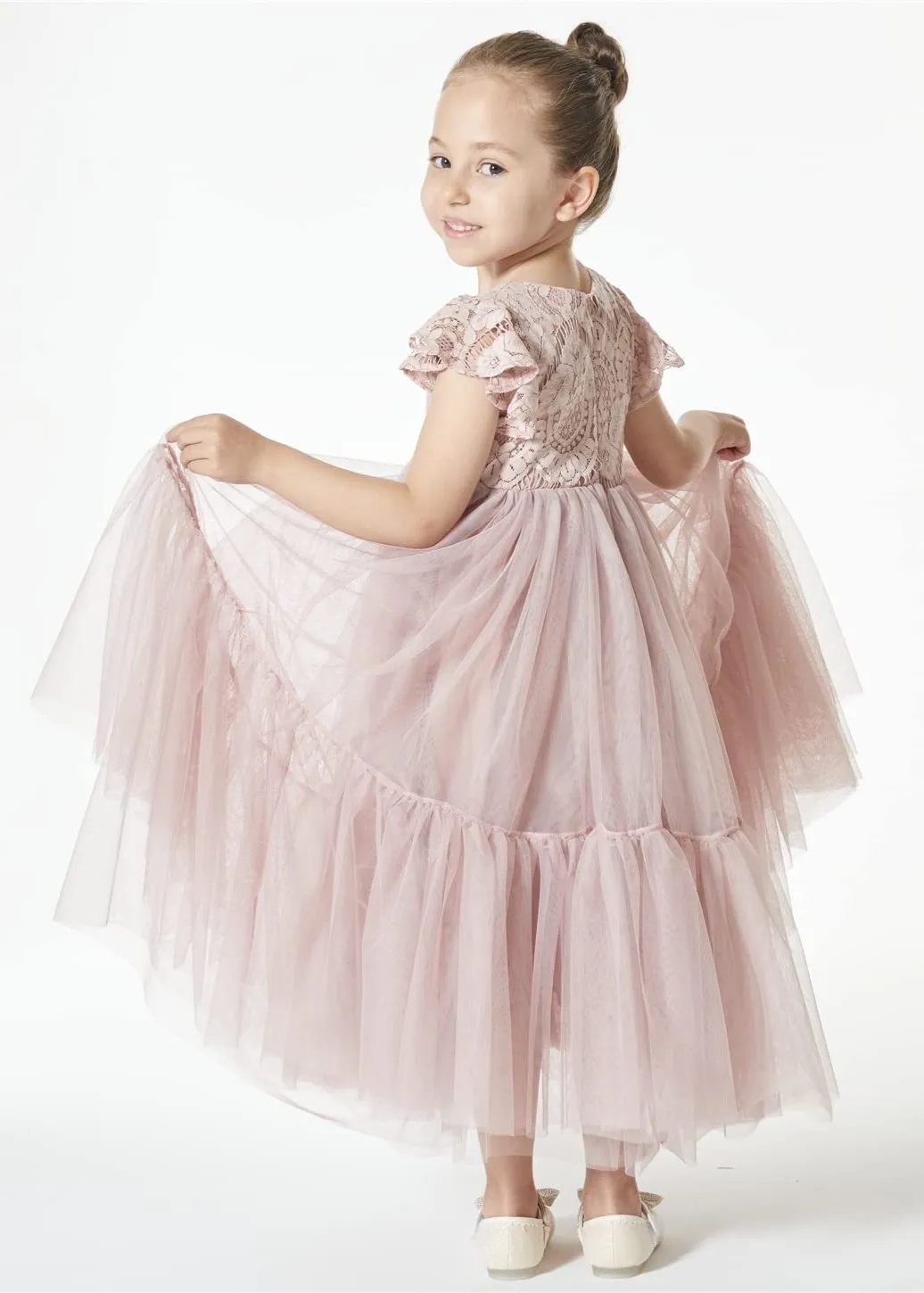 Orchid Lace Vintage Bohemian Girl Dress in Dusty Pink