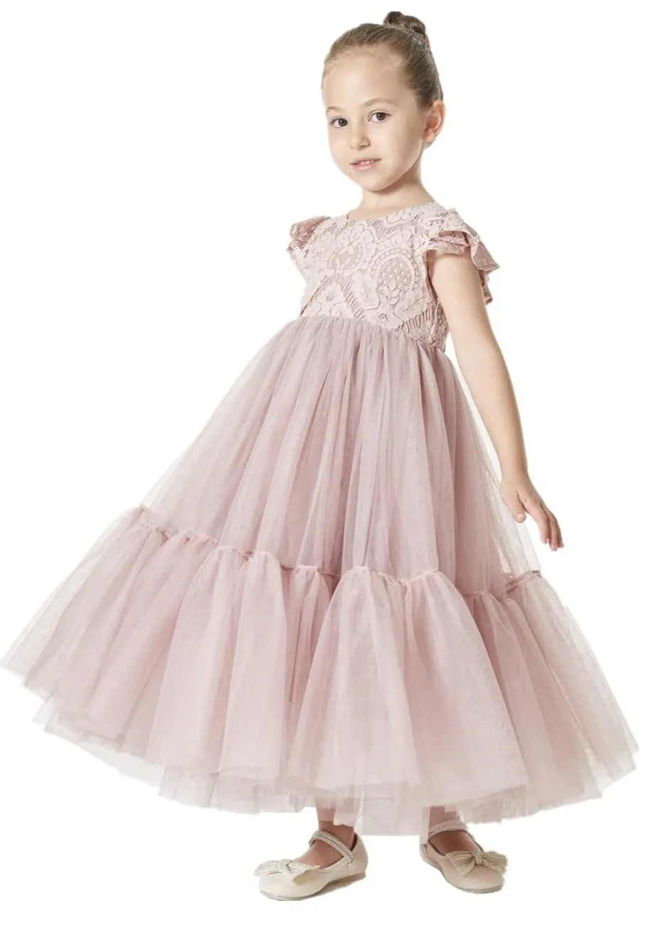 Orchid Lace Vintage Bohemian Girl Dress in Dusty Pink