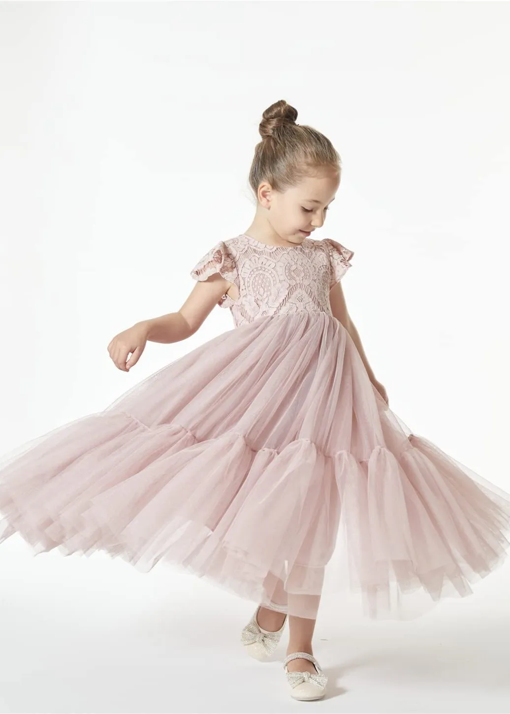 Orchid Lace Vintage Bohemian Girl Dress in Dusty Pink