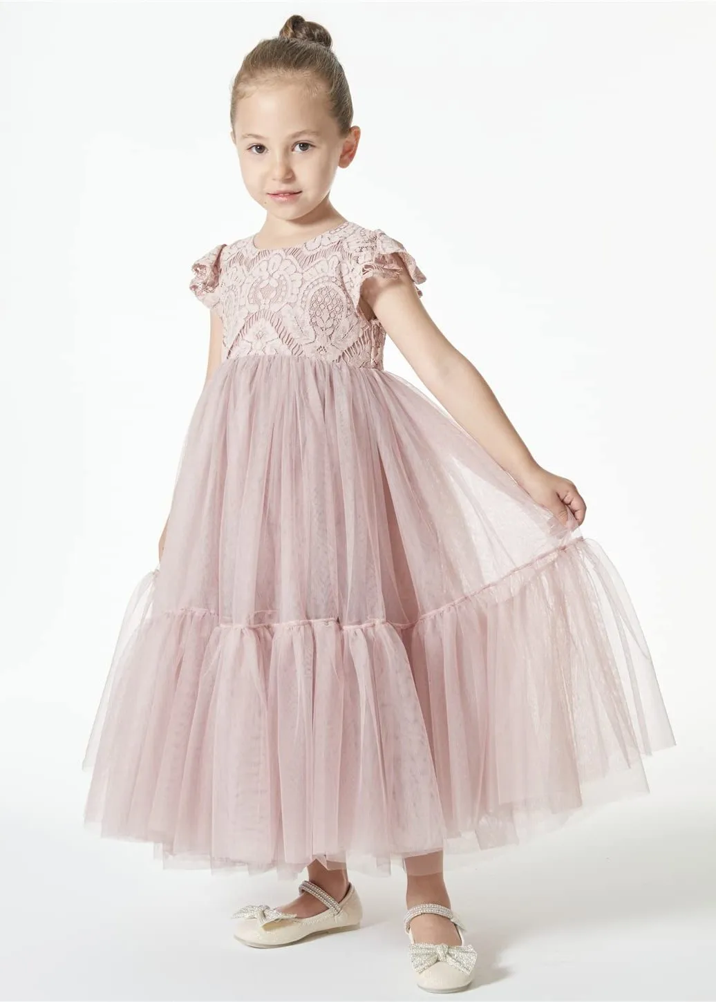 Orchid Lace Vintage Bohemian Girl Dress in Dusty Pink