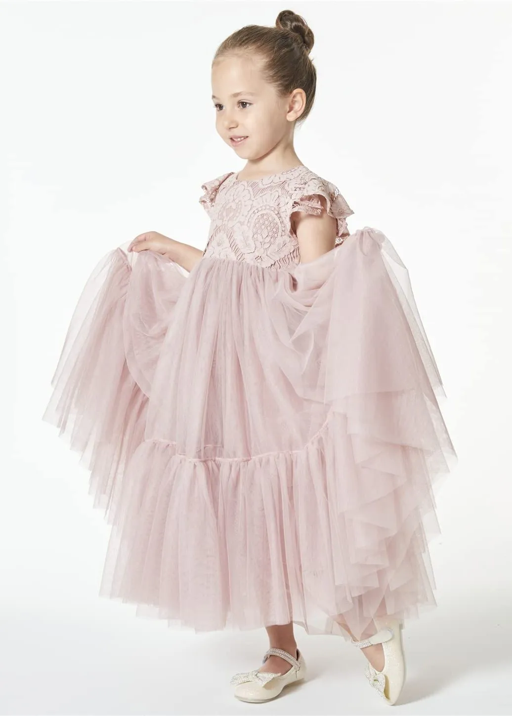 Orchid Lace Vintage Bohemian Girl Dress in Dusty Pink