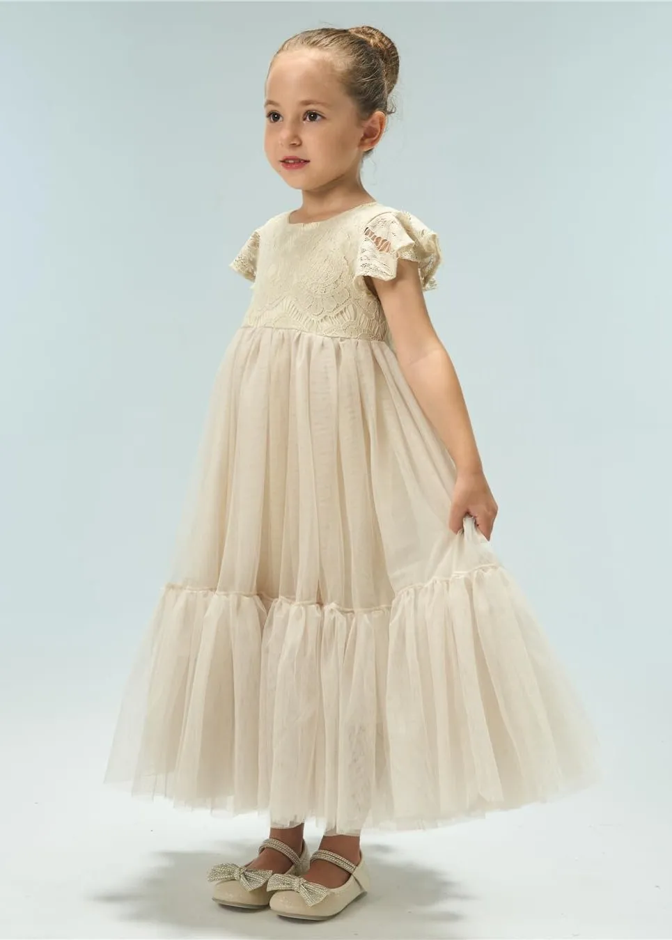Orchid Lace Vintage Bohemian Girl Dress in Ivory
