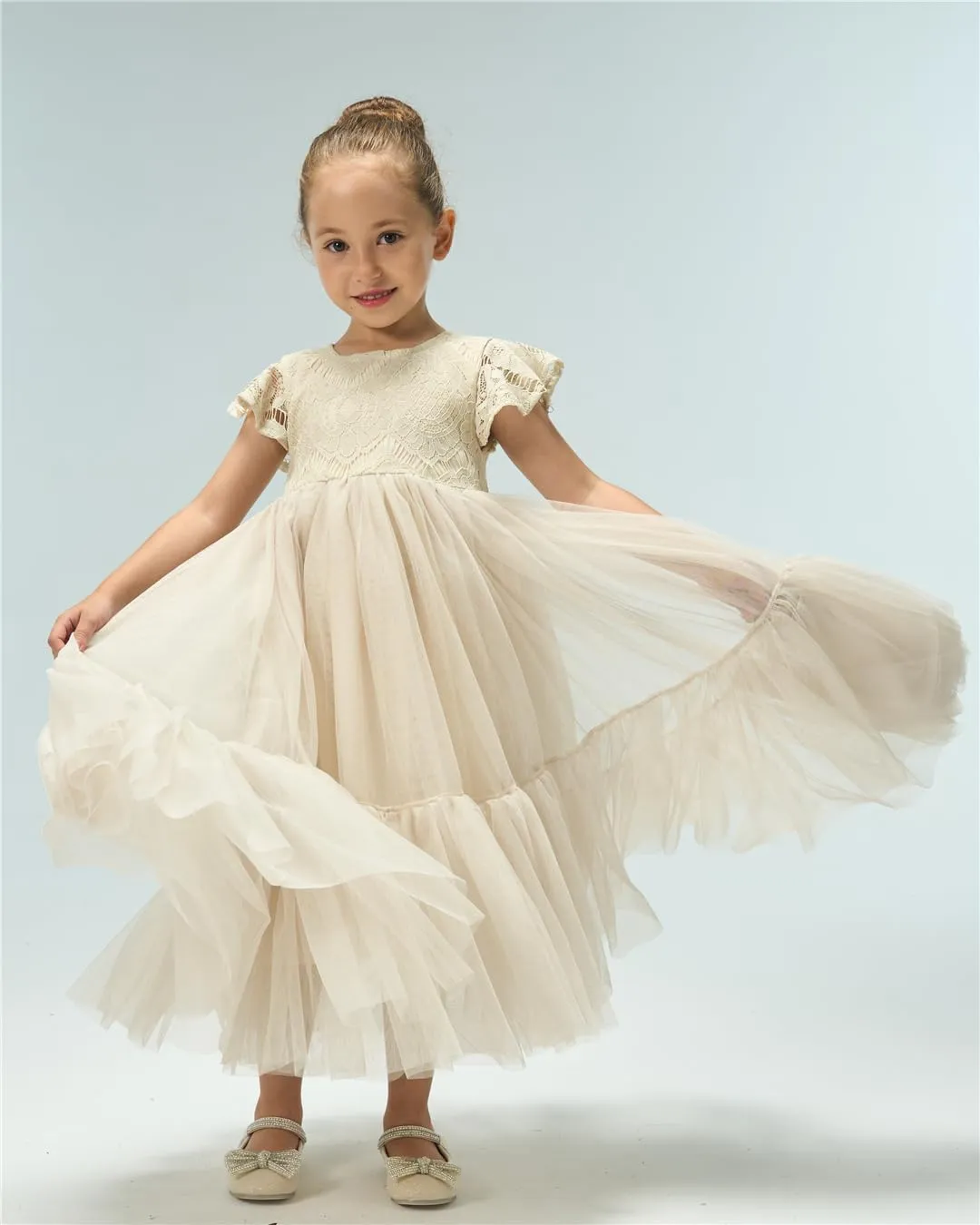 Orchid Lace Vintage Bohemian Girl Dress in Ivory