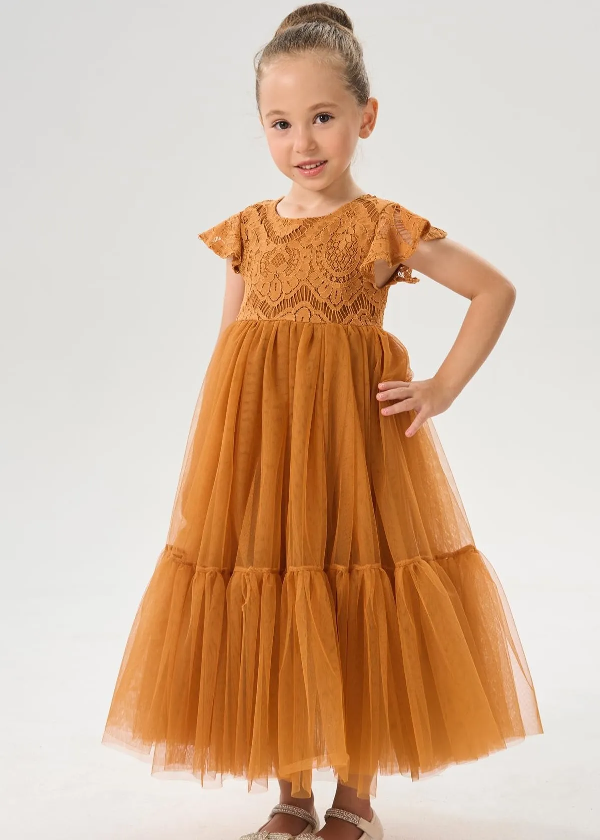 Orchid Lace Vintage Bohemian Girl Dress in Orange