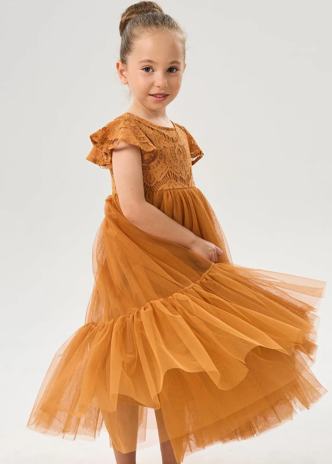 Orchid Lace Vintage Bohemian Girl Dress in Orange