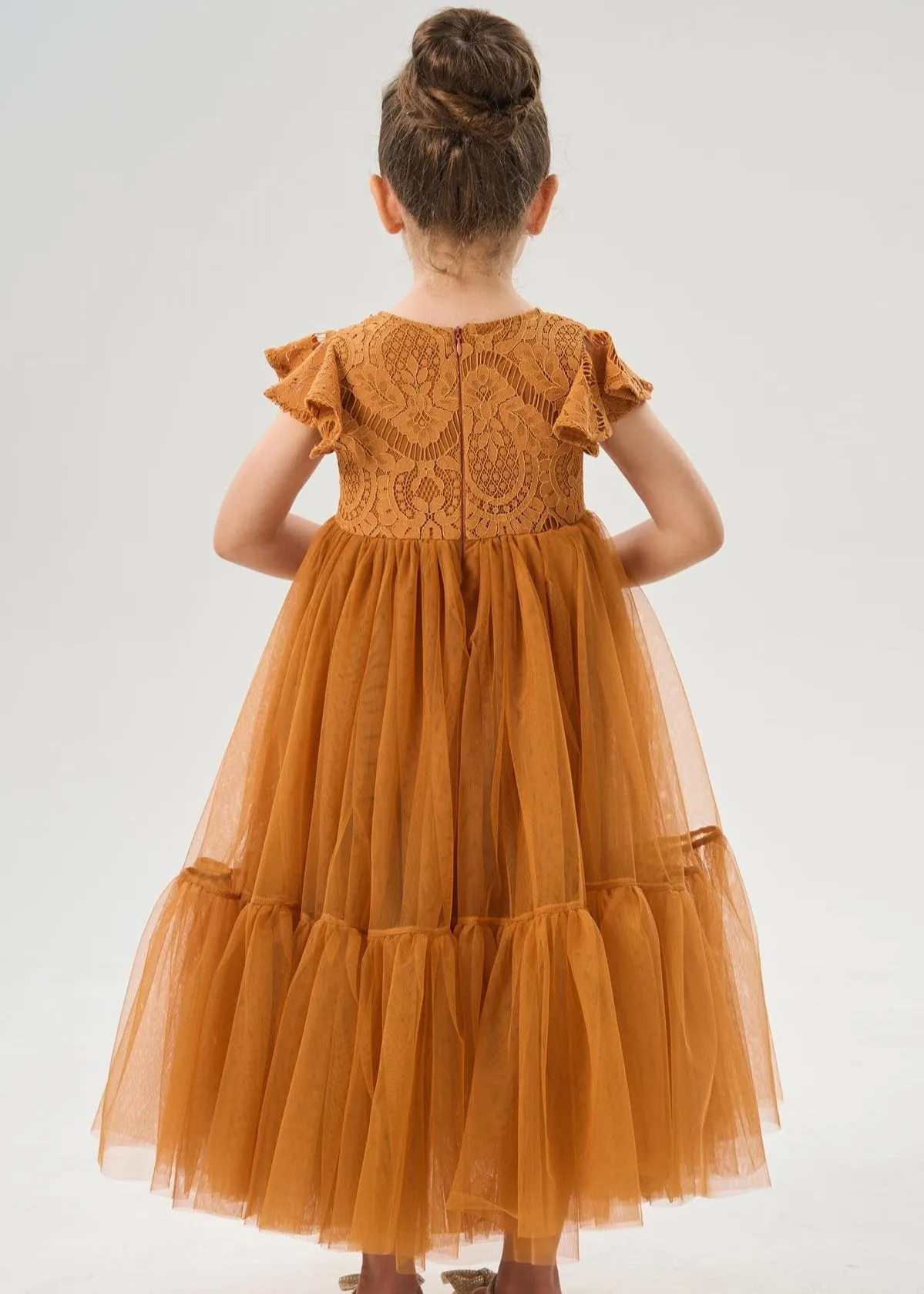 Orchid Lace Vintage Bohemian Girl Dress in Orange