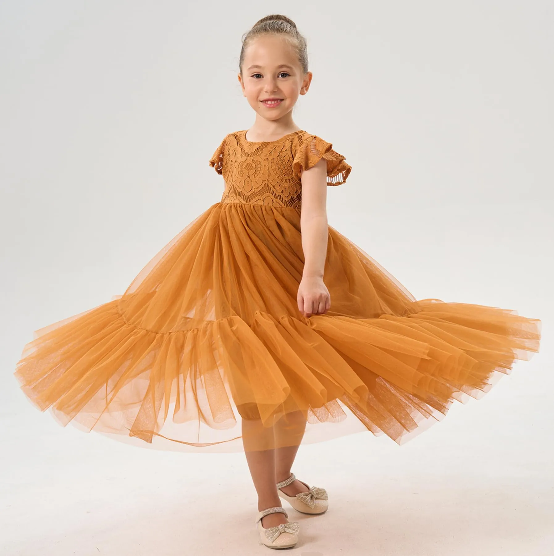 Orchid Lace Vintage Bohemian Girl Dress in Orange