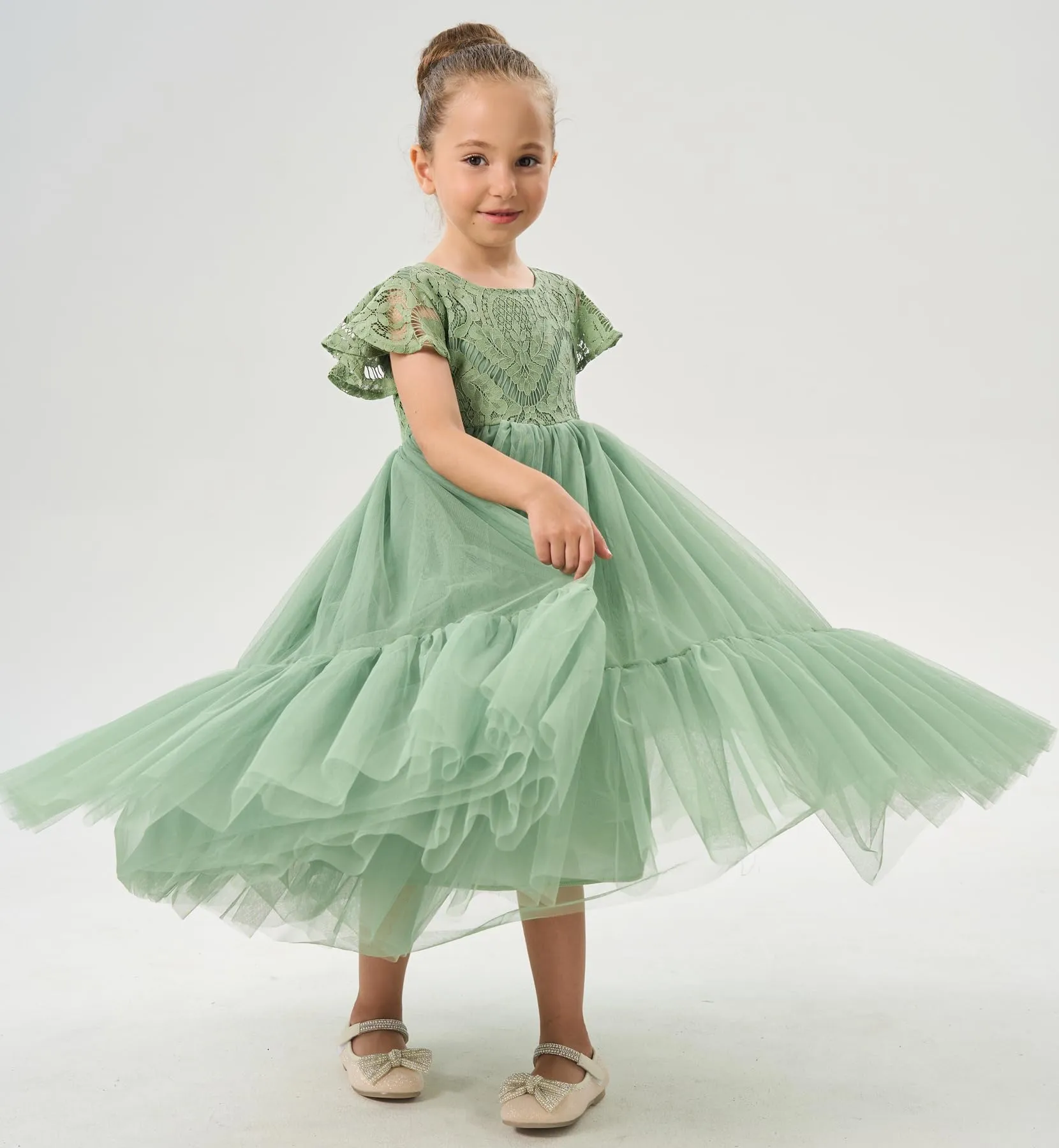 Orchid Lace Vintage Bohemian Girl Dress in Sage