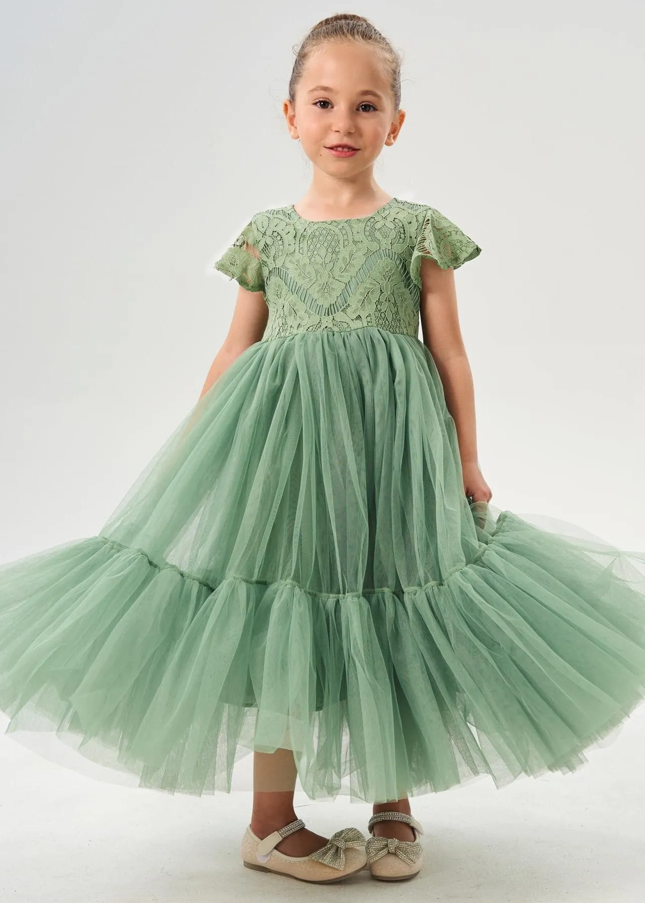Orchid Lace Vintage Bohemian Girl Dress in Sage