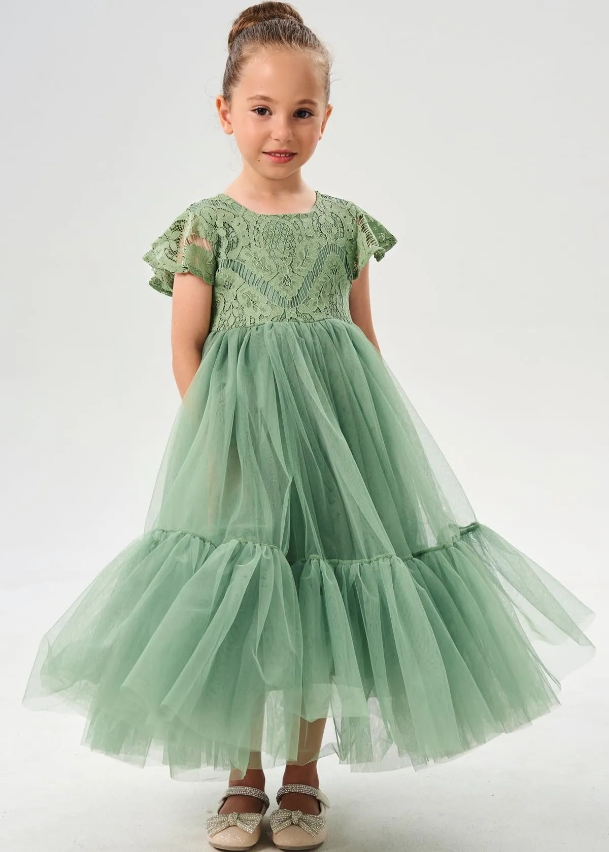 Orchid Lace Vintage Bohemian Girl Dress in Sage