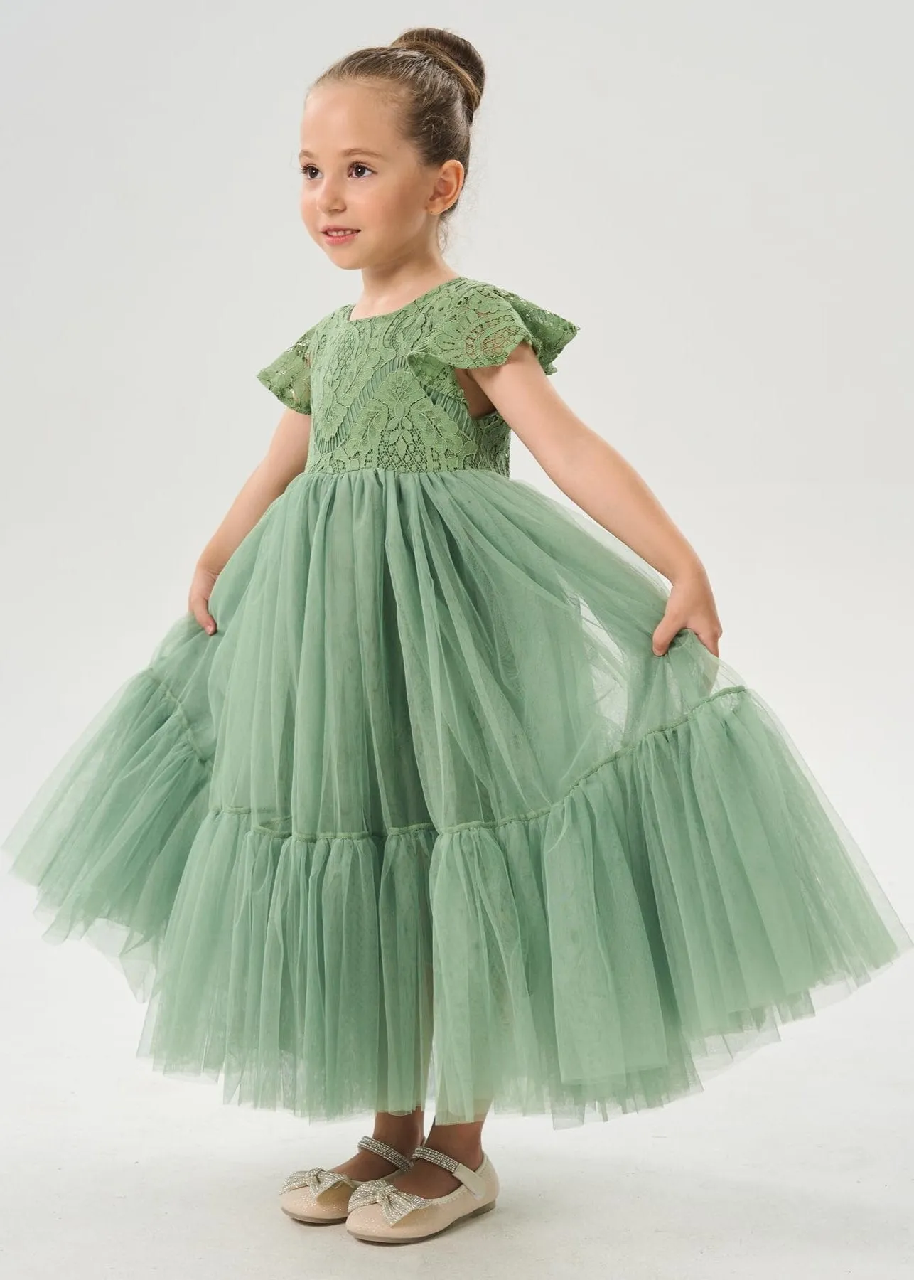 Orchid Lace Vintage Bohemian Girl Dress in Sage