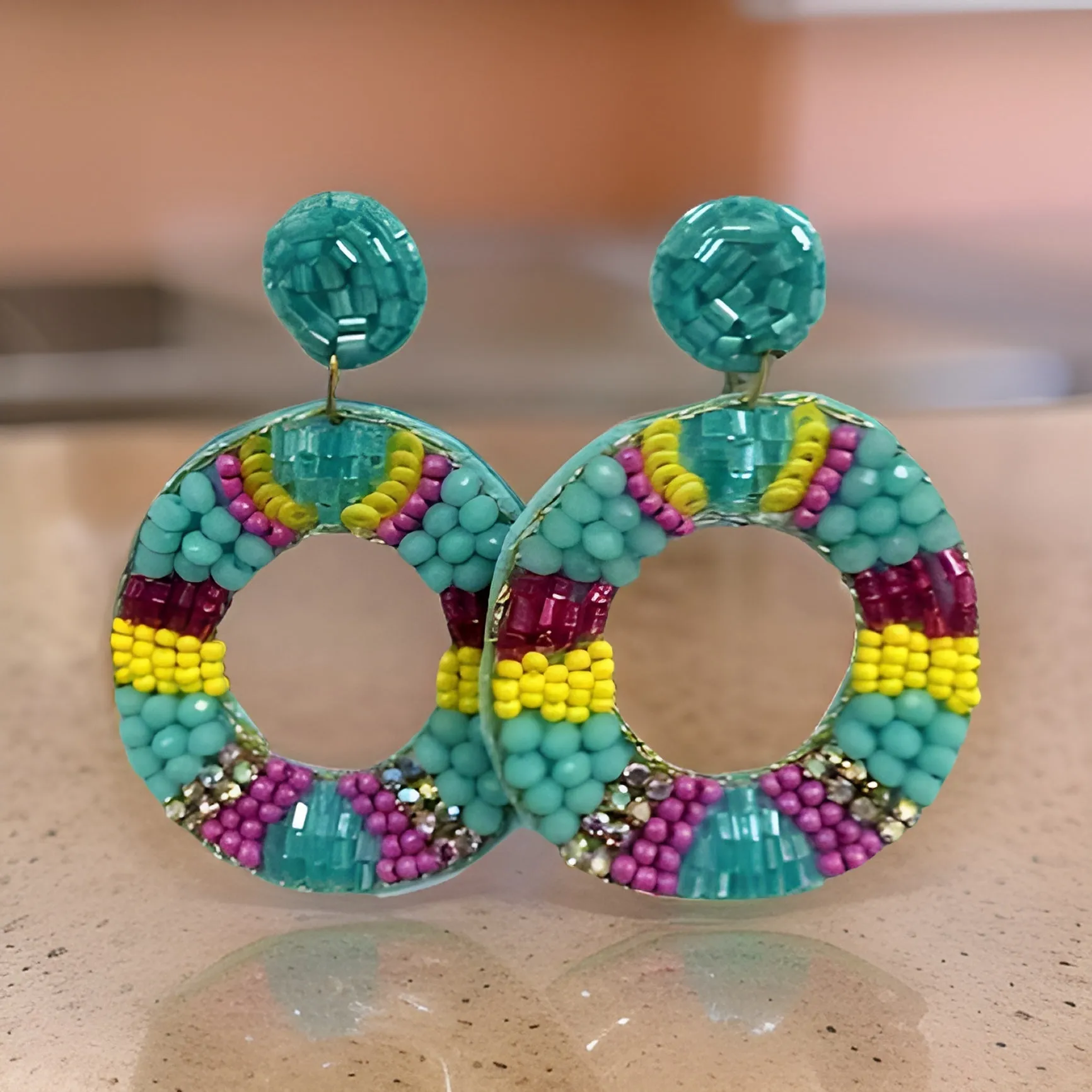 Oval Beaded Sequin Rhinestone Pearl Drop Earrings