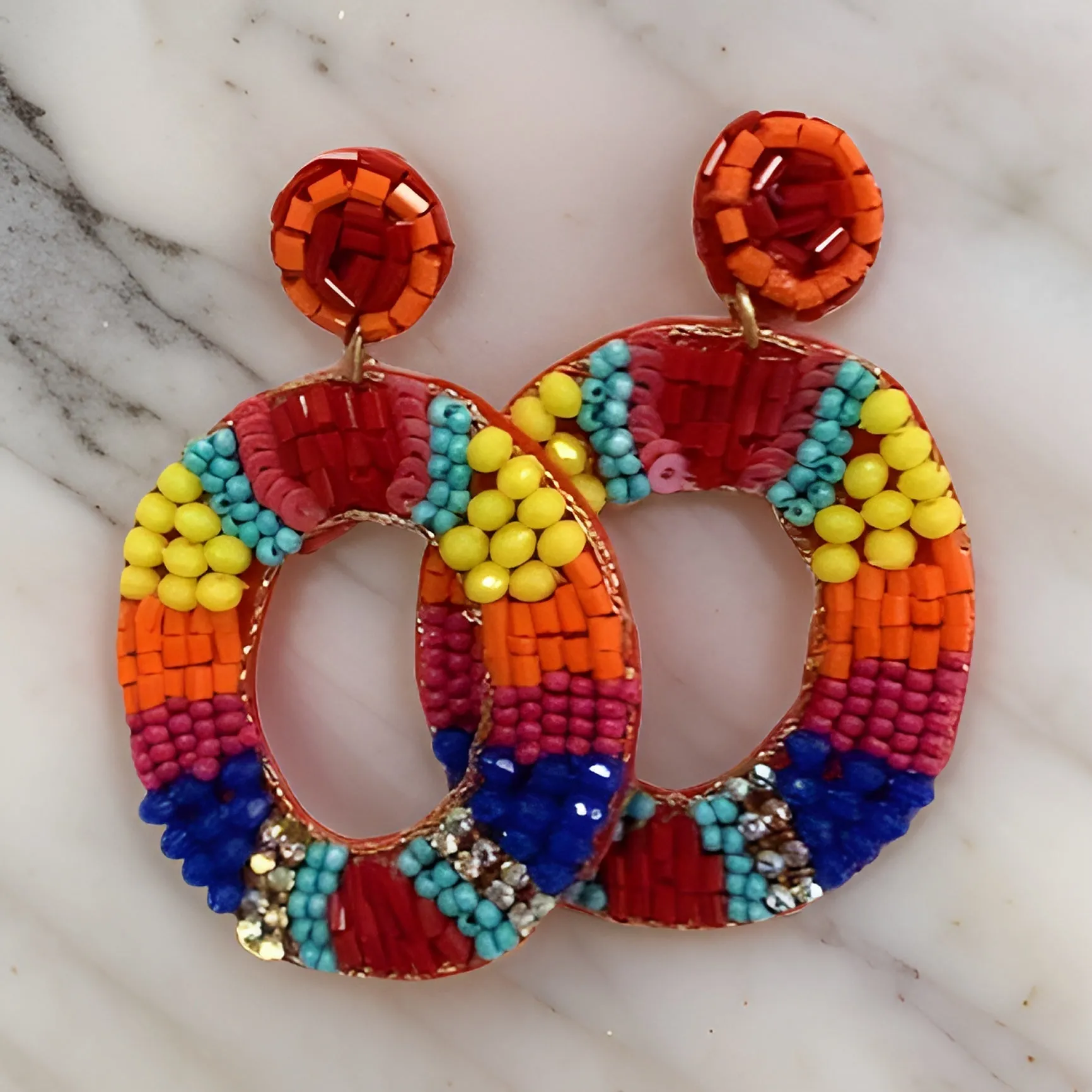 Oval Beaded Sequin Rhinestone Pearl Drop Earrings