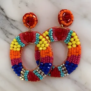 Oval Beaded Sequin Rhinestone Pearl Drop Earrings
