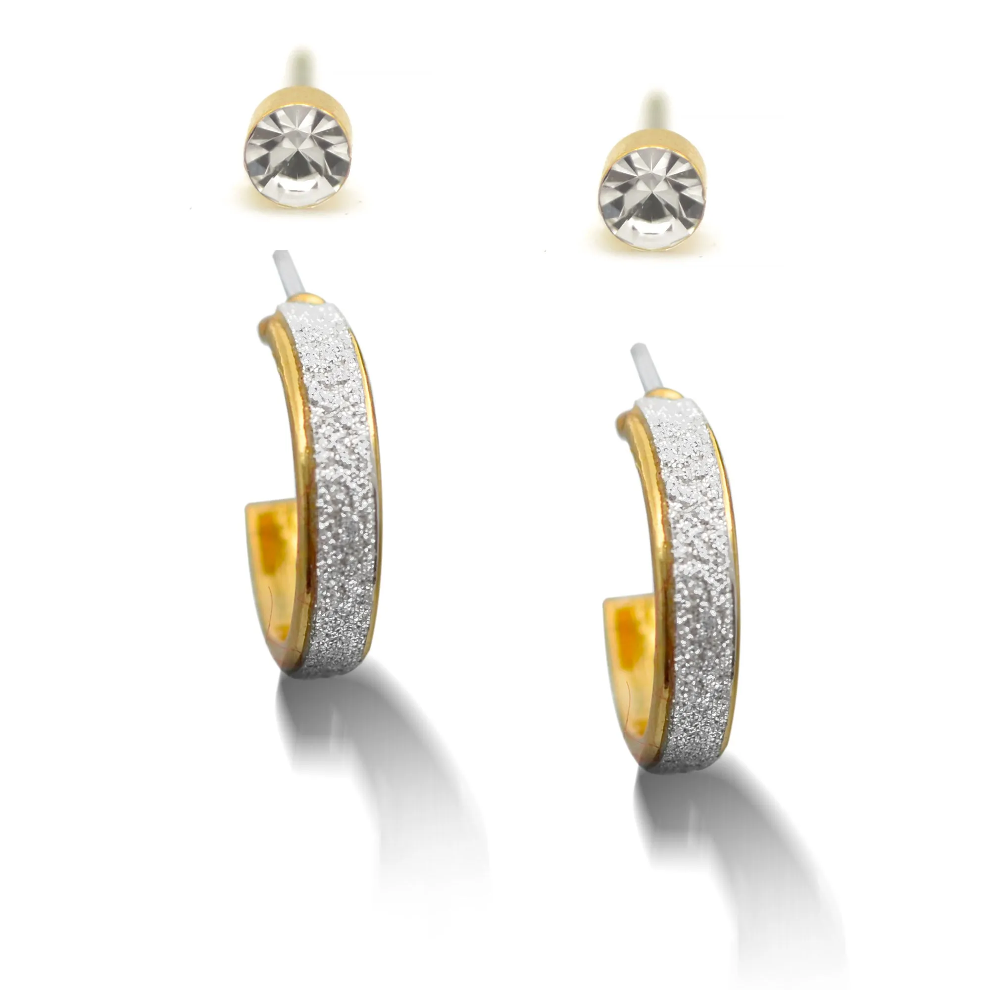 Pair Of 6 Crystal And Silver Sanded Glitter Gold Post Earrings #SQ351-E17042505A(GC1/GE7)