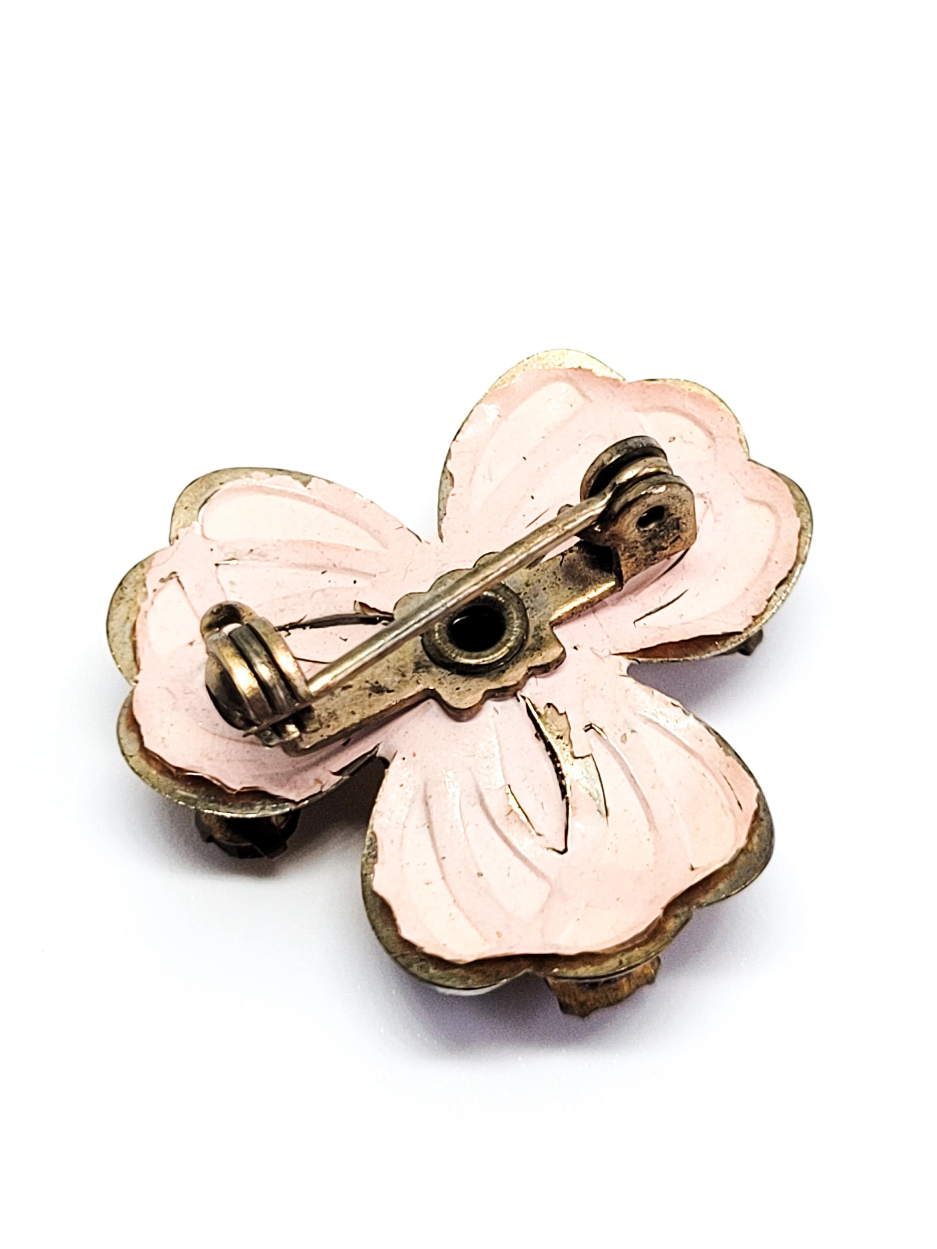 Pansy Topaz rhinestone tin enamel painted vintage brooch pin
