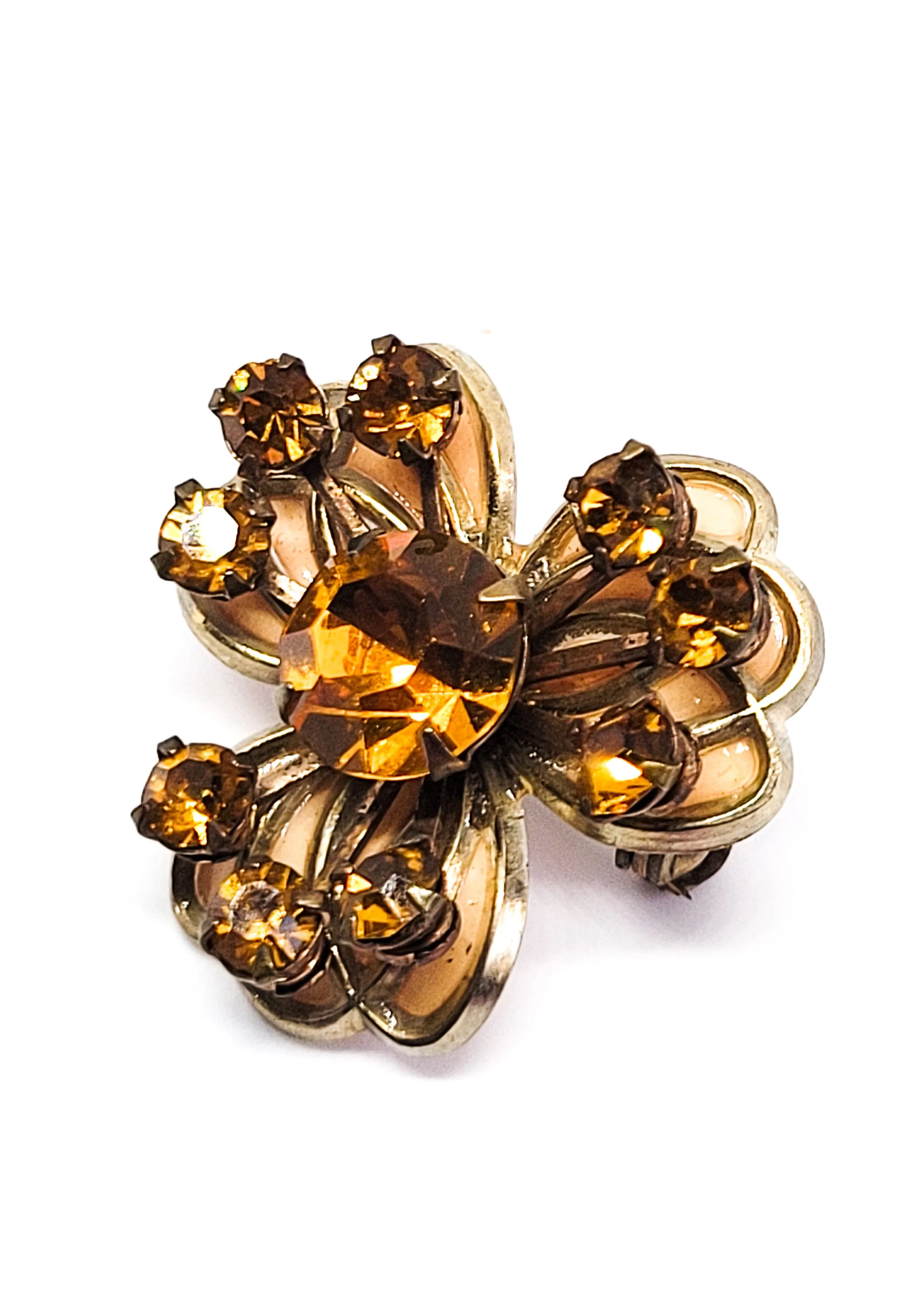 Pansy Topaz rhinestone tin enamel painted vintage brooch pin