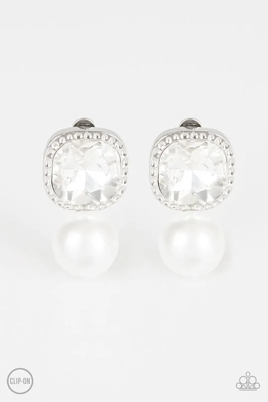 Paparazzi " Gatsby Gleam " Silver Metal White Pearl & White Rhinestone Clip-On Earrings