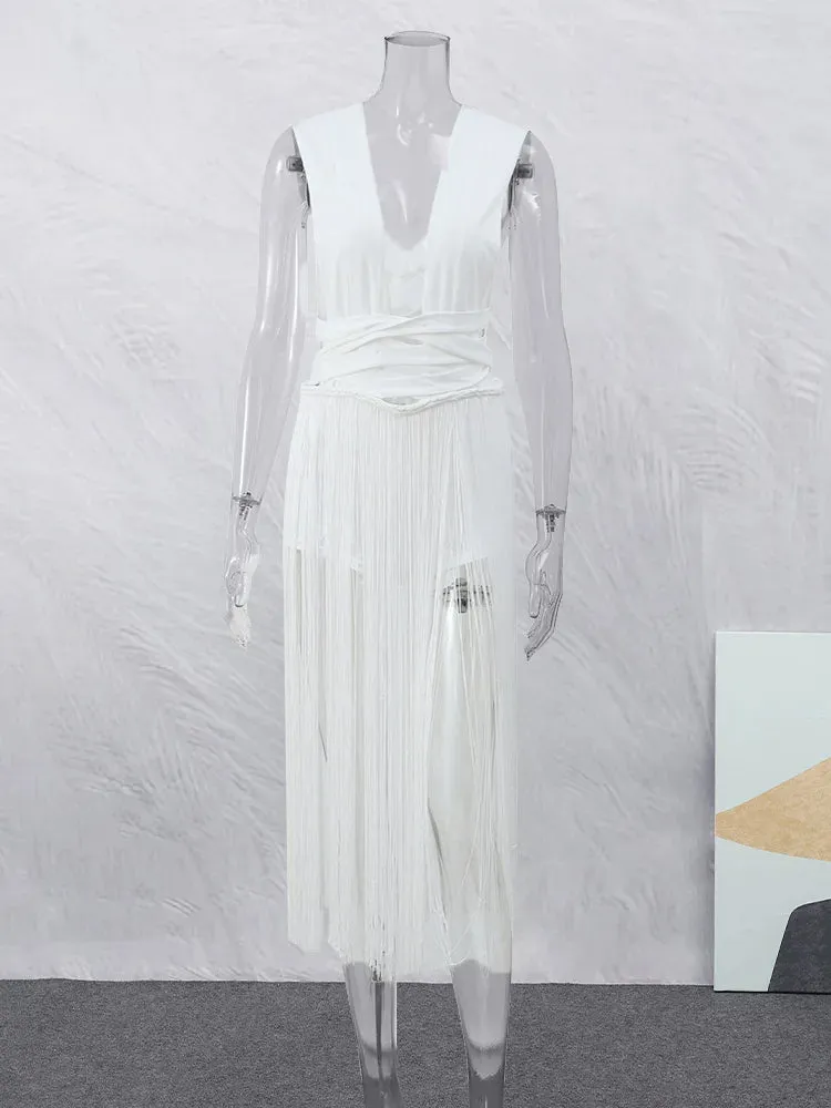Patchwork Tassel Hem Backless Long Dress Sexy White Bandage Sleeveless High Waist Dress Summer Beach Party Wear