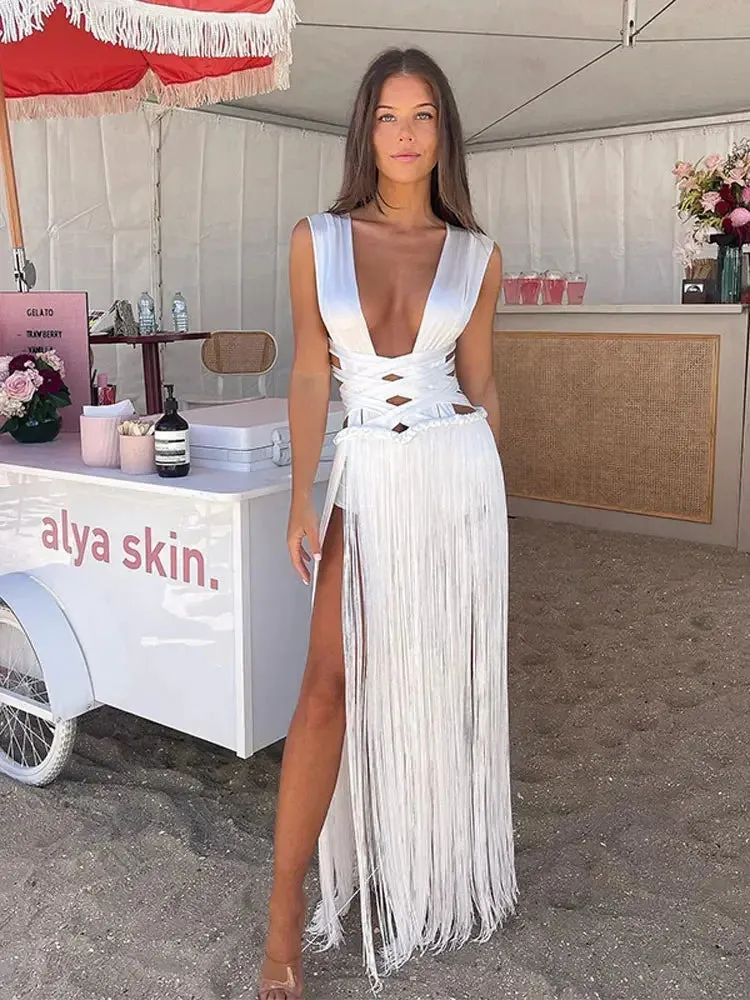 Patchwork Tassel Hem Backless Long Dress Sexy White Bandage Sleeveless High Waist Dress Summer Beach Party Wear