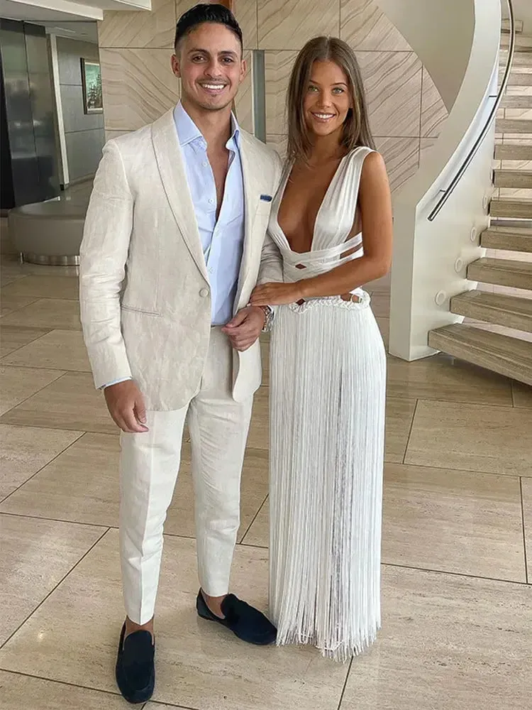 Patchwork Tassel Hem Backless Long Dress Sexy White Bandage Sleeveless High Waist Dress Summer Beach Party Wear