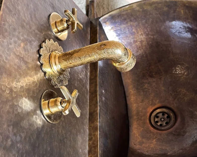 Patina Brass Wall Mount Sink with Mixed Faucet – Hammered Brass Wall Hung Basin