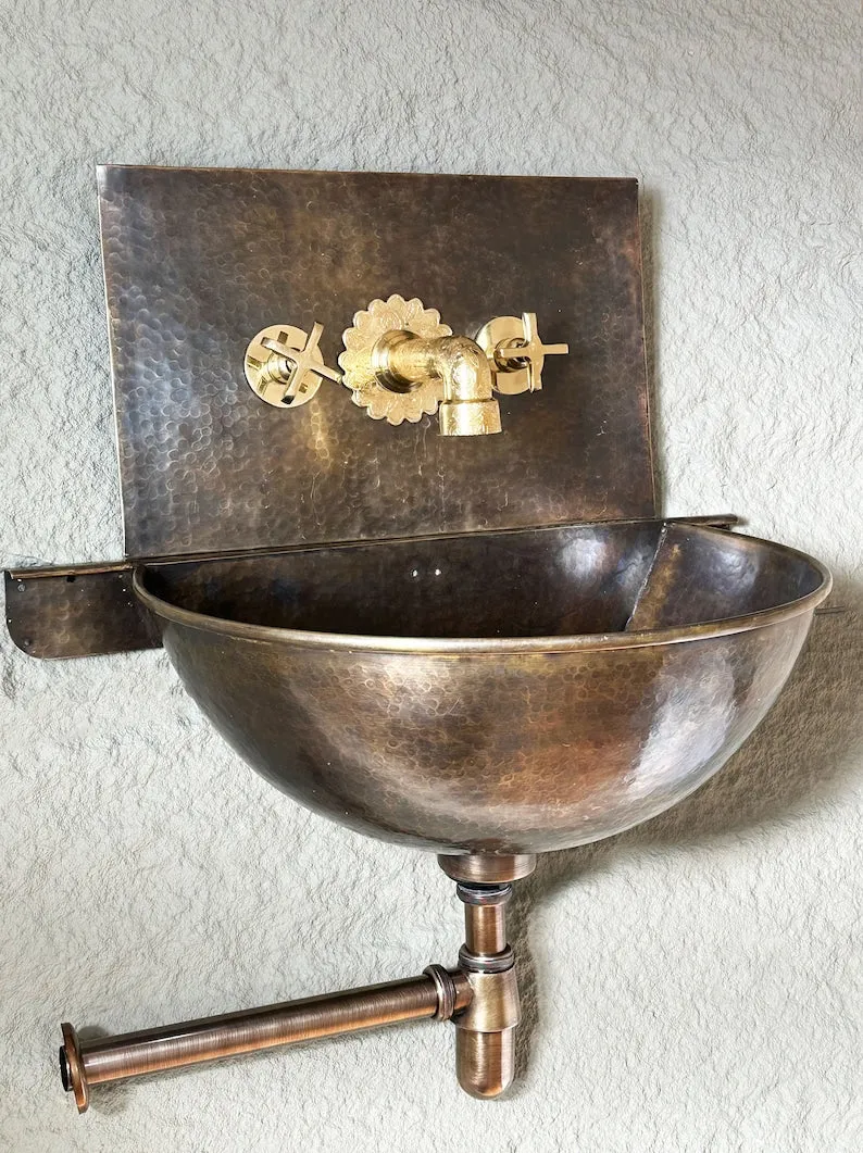 Patina Brass Wall Mount Sink with Mixed Faucet – Hammered Brass Wall Hung Basin